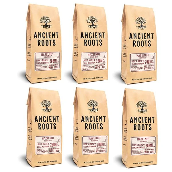 Ancient Roots Hazelnut Medium Roast Flavored Mushroom Ground Coffee 6/12 Oz Bags 1 Ancient Roots Hazelnut Medium Roast Flavored Mushroom Ground Coffee 6/12 Oz Bags