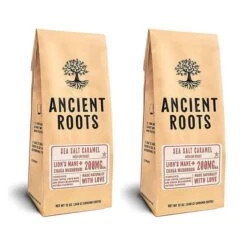 Ancient Roots Sea Salted Caramel Flavored Mushroom Medium Roast Ground Coffee, 2/12 Oz Bags