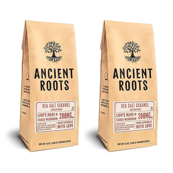 Ancient Roots Sea Salted Caramel Flavored Mushroom Medium Roast Ground Coffee, 2/12 Oz Bags 1 Ancient Roots Sea Salted Caramel Flavored Mushroom Medium Roast Ground Coffee, 2/12 Oz Bags