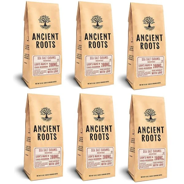 Ancient Roots Sea Salted Caramel Flavored Mushroom Medium Roast Ground Coffee, 6/12 Oz Bags 1 Ancient Roots Sea Salted Caramel Flavored Mushroom Medium Roast Ground Coffee, 6/12 Oz Bags