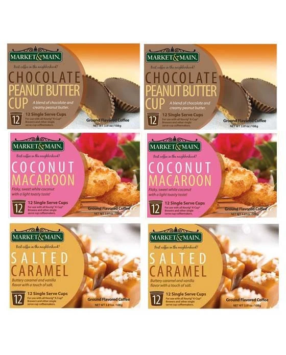 Market & Main Chocolate Peanut Butter, Salted Caramel, Coconut Macaroon 24 Cups Each 1 Market & Main Chocolate Peanut Butter, Salted Caramel, Coconut Macaroon 24 Cups Each
